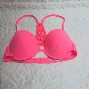 Victoria's Secret Bikini Top Neon Hot Pink Pushup Macrame Crochet Racerback 36D